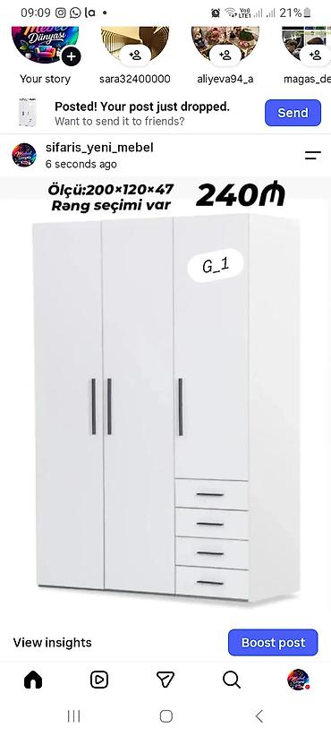 acarlı şkaf: Mebel: Üç qapılı paltar şkafı, alt hissədə 4 çekmece Model: G_1 Ölçü — 1