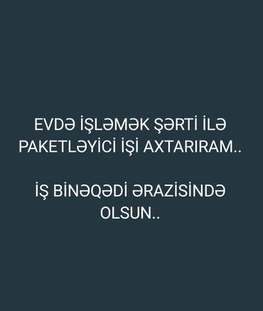 СТО, автобизнес: EVDƏ PAKETLƏYİCİ İŞİ AXTARIRAM.
BİNƏQƏDİ ƏRAZİSİ