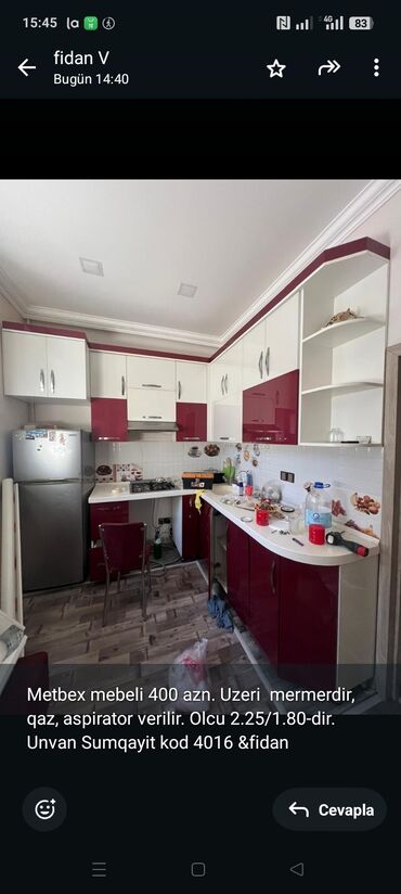 metbext mebil: Metbex mebeli 400 azn. Uzeri mermerdir, qaz, aspirator verilir. Olcu