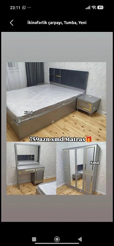 tunbucka: Yataq otağı dəsti Tərkibi: - İkinəfərlik çarpayı (yumşaq başlıq, boz — 1