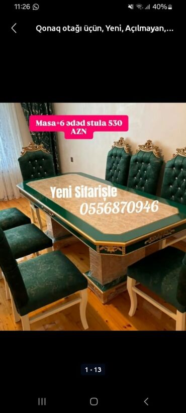 Masa və oturacaq dəstləri: Qonaq otağı üçün, Yeni, Açılmayan, Dördbucaq masa, 6 stul — 22