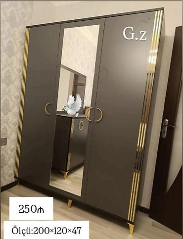 - Üç qapılı geyim dolabı, orta qapıda tam boy güzgü - Rəng: tünd boz