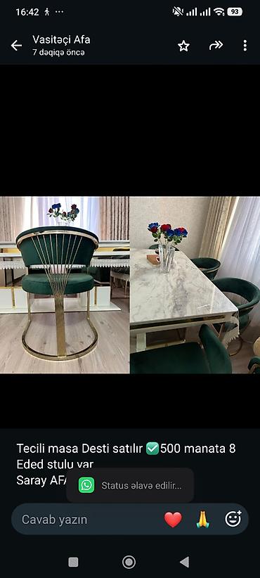 Tecili masa Desti satılır ✅500 manata 8 Eded stulu var 
Saray AFA 2226