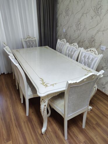 кухонный стол и стулья: Для гостиной, Б/у, Раскладной, Прямоугольный стол, 8 стульев