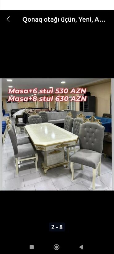 Masa və oturacaq dəstləri: Qonaq otağı üçün, Yeni, Açılmayan, Dördbucaq masa, 6 stul — 8