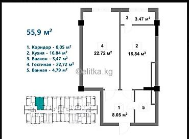 554: 1 комната, 55 м², Элитка, 8 этаж, ПСО (под самоотделку) — 2