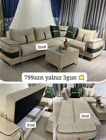 Modern künc divan dəsti - Künc formasında, krem rəngli yumşaq parça
