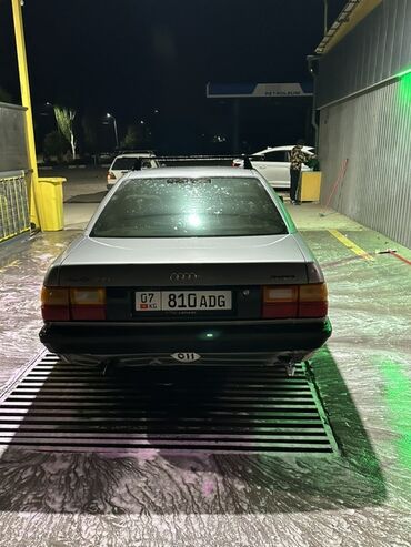Audi: Audi 100 в серебристом цвете. На крыше установлены рейлинги для