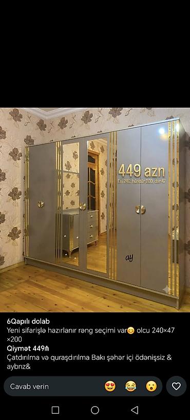 asilqan qiymetleri: 5 və 6 qapılı şkaflar - 5 qapılı model: ölçü 200×47×200 sm. Qiymət — 2