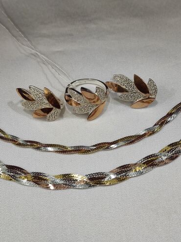 золотой набор серьги и кольцо: Серебряный Набор+ Браслет Серебро с напылением золото 925 Размеры