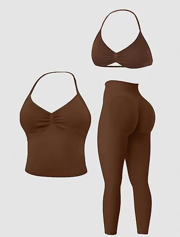 push up geyim: Qadınlar üçün 3 hissəli idman dəsti – qəhvəyi rəng - Tərkib: elastik — 2