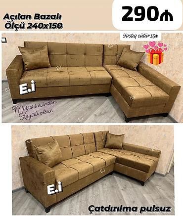 kunc masa: Açılan, bazalı künc divan - Ölçü: 240x150 sm - Rəng: qəhvəyi-qızılı — 1