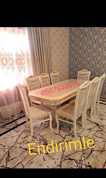 stol dəsdi: Qonaq otağı üçün, Yeni, Açılmayan, Dördbucaq masa, 6 stul, Azərbaycan
