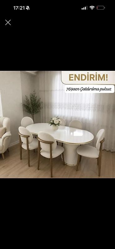 Ağ rəngli oval yemək masası və 6 ədəd stul dəsti. Xüsusiyyətlər: -