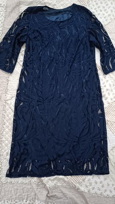 темно синего цвет с: Повседневное платье, Made in KG, Осень-весна, 5XL (EU 50)