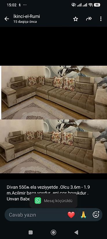 Divan 550₼ ela veziyyetde .Olcu 3.6m - 1.9 m.Acilmir baza yoxdur .eni