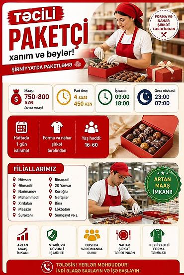 nur corek: Qablaşdırıcı tələb olunur, Təcrübəsiz, Aylıq ödəniş — 1