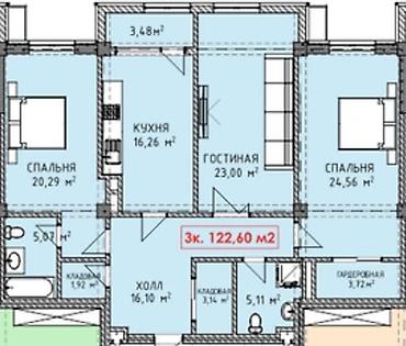 60: 3 комнаты, 122 м², АУЦА Элитка, 2 этаж, ПСО (под самоотделку) — 2