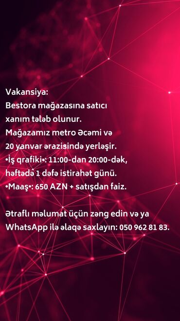 qadın üçün işlər: Satış meneceri tələb olunur, Yalnız qadınlar üçün, 18-29 yaş, 1 ildən az təcrübə, Aylıq ödəniş