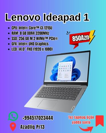 HP: Yeni Lenovo IdeaPad, 14 ", Intel Core i3, 256 GB, Ödənişli çatdırılma, Pulsuz çatdırılma, Rayonlara çatdırılma