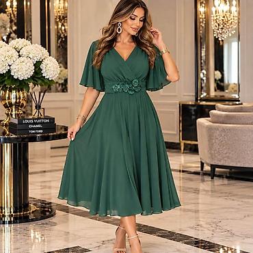 braon haljine za svadbu: Elegantna midi haljina s preklopom - Kroj: A-linija, midi dužina — 3