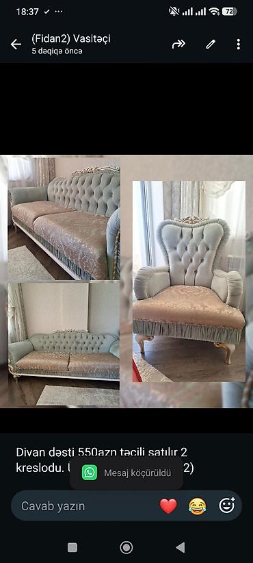 Divan dəsti 550azn təcili satılır 2 kreslodu. Ünvan Masazır (fidan 2) lalafo.az -da Divan dəsti 550azn təcili satılır 2 kreslodu. Ünvan Masazır (fidan 2)