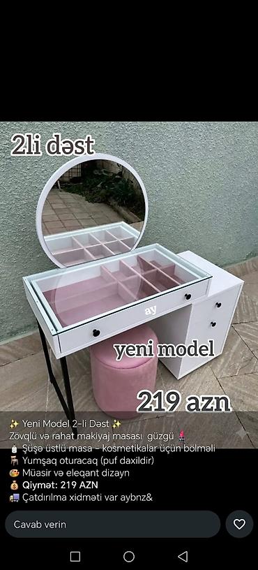 şüşə stollar: Yeni model 2-li dəst – makiyaj masası və güzgü - Böyük, dairəvi güzgü — 2