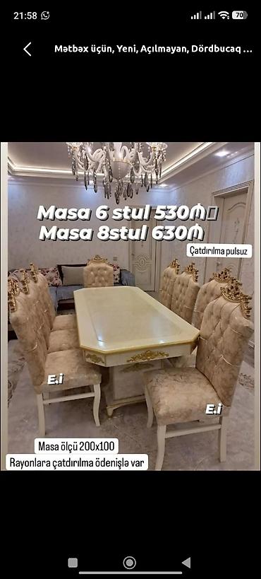 yeni stol: Mətbəx üçün, Yeni, Açılmayan, Dördbucaq masa, 6 stul — 1