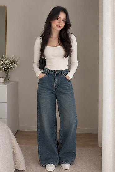 Qadın üçün enli paçalı cins şalvar. Tünd mavi yuyulmuş denim lalafo.az -da Qadın üçün enli paçalı cins şalvar. Tünd mavi yuyulmuş denim