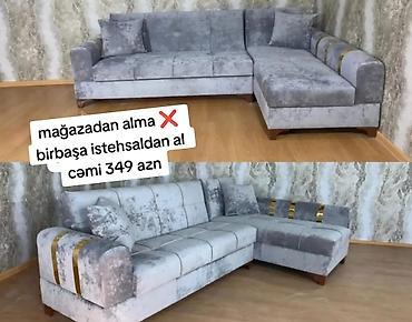 Künc divan – müasir dizayn, boz rəngli məxməri/parça üzlük, dekorativ