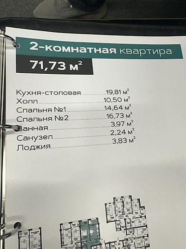 Батирлерди сатуу: 2 бөлмө, 72 м², 6 кабат, ПСО (өз алдынча бүтүрүү) — 2