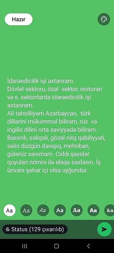 iş axtaranlar: İşində ciddi şəxslər müraciət edə bilər. Əmək haqqı 1500 azn İşimdə — 1