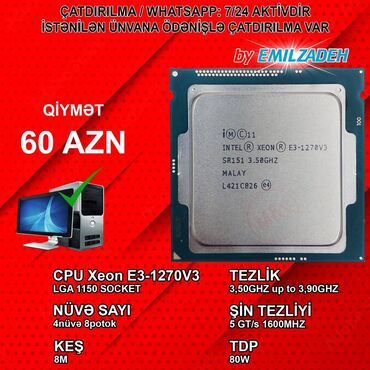 Digər kompüter aksesuarları: Prosessor Intel Xeon E Xeon E3-1270V3, 3-4 GHz, 8 nüvə, İşlənmiş