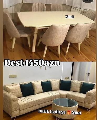 ev ucun stol stul: Mebel dəsti – yemək masası + 6 ədəd stul + künc divan - Müasir — 1