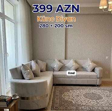 divan mini: Künc divan – 280 × 200 sm Qiymət: 399 AZN - Zərif, açıq rəngli parça — 1
