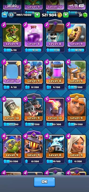 Kolleksiya kartları: Clash Royale hesabı - Kral səviyyəsi: 33 (1997/11000 XP) - Kupa: 6885 — 6