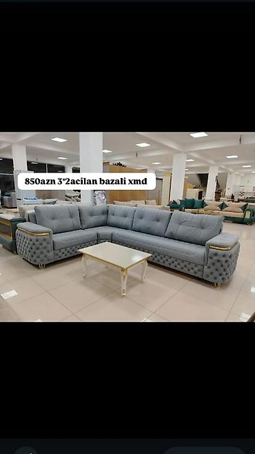 L‑şəkilli yumşaq mebel dəsti — 3+2 açılan, bazalı xmd. - Rəng: boz -