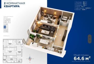 квартиры частный: 2 комнаты, 64 м², 11 этаж, ПСО (под самоотделку)