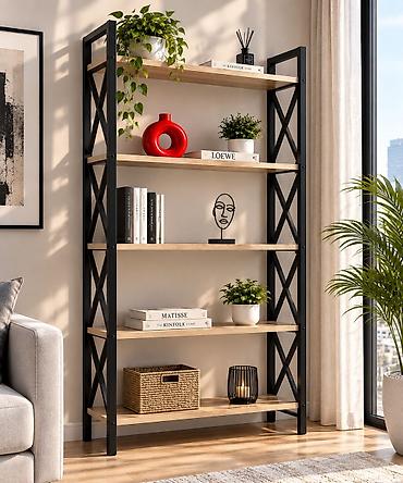 железная полка: Стеллаж loft из металла и ЛДСП - 5 открытых полок - Каркас: черная — 1