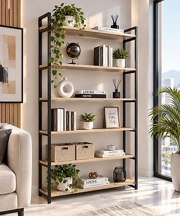 железная полка: Стеллаж loft из металла и ЛДСП - 5 открытых полок - Каркас: черная — 2