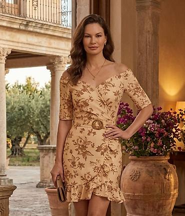 jasmin parfemi akcija: Elegantna ženska haljina u bež tonovima sa floralnim printom. - Kroj — 1