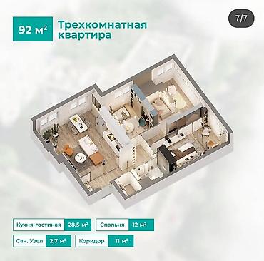 Продажа квартир: 3 комнаты, 92 м², Шлагбаум Элитка, 7 этаж, ПСО (под самоотделку) — 1