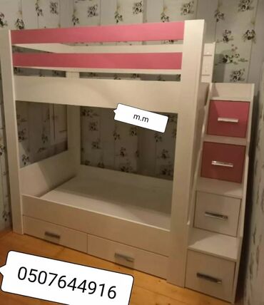 İkimərtəbəli uşaq çarpayıları: Oğlan və qız üçün, Yeni, Çarpayı, Matras ilə, Siyirməli, Laminat — 19