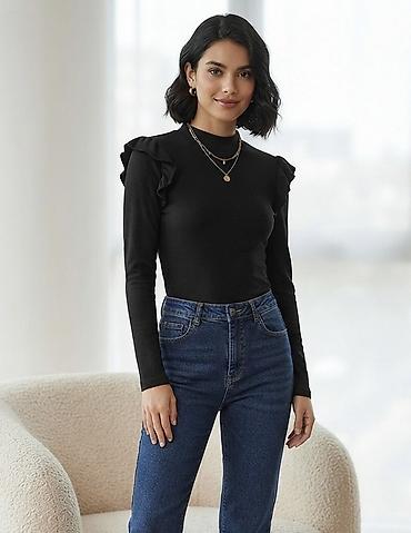 qadın köynək: Qadın uzunqollu bluz – qara rəng - Model: çiyin hissəsində incə — 1