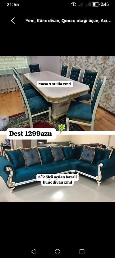 çalışma masa: Qonaq otağı dəsti - Masa və 8 ədəd stul: Klassik üslubda, ağ-golden — 1