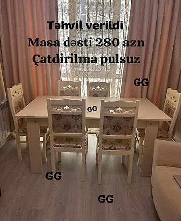 Masa dəsti – süfrə və 6 ədəd stuldan ibarət. Açıq krem/ağ tonlarda