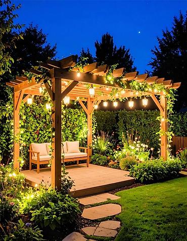 Digər bağ, çöl mebeli: Bağ üçün taxta pergola – dekorativ işıqlandırmalı, teraslı Məhsul — 1