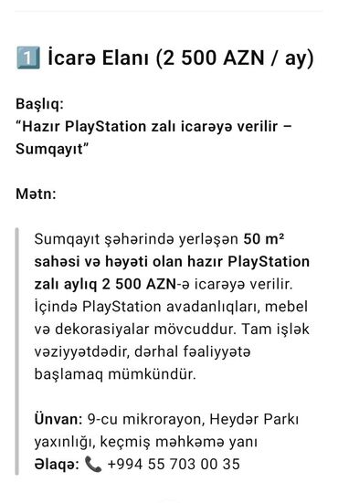 Hummer: Hazır PlayStation zalı – Sumqayıt - Sahə: 50 m² + həyət - Təyinat