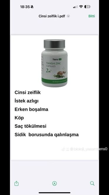 Vitaminlər və BAƏ: Məhsul: Tiens Tianshi Zinc Capsules (Sink kapsulları) Xüsusiyyətlər