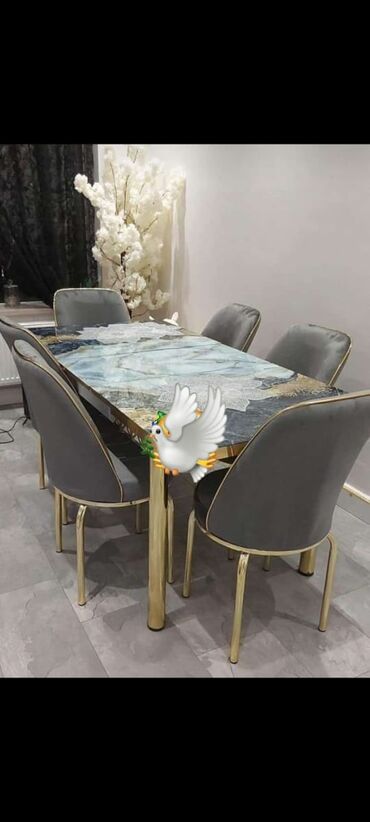 стеклянный стол: Для гостиной, Новый, Прямоугольный стол, 6 стульев